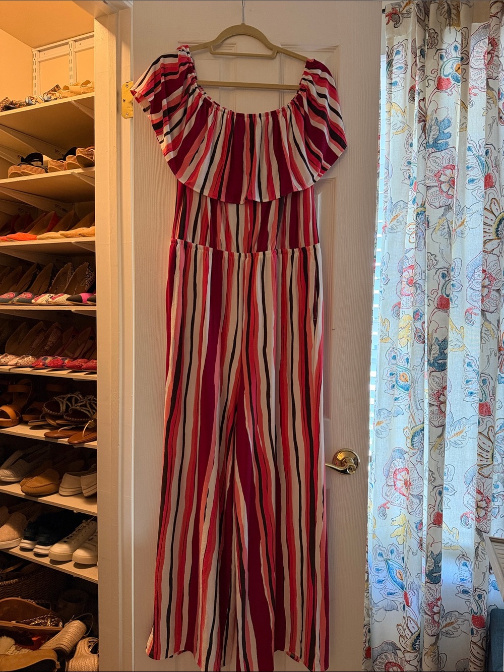 Lane Bryant Off-Shoulder Striped Jumpsuit in Raspberry, Pink & Cream